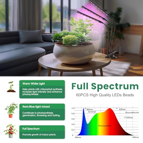 Image of Garpsen Led Grow Light, 2PCS 3 Heads Full Spectrum Clip Plant Light for Indoor Plants, 120 LEDs Grow Lights, with 3 Switch Modes & Auto ON /Off 6 /12 /16H Timer, 5 Dimmable Levels (Red Blue Warm White)
