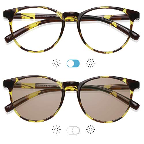 Image of YEIN Blue Light Blocking Glasses, Spring Hinge Photochromic Brown Sunglasses, Computer Reading Glasses, Gaming Glasses, TV Glasses for Women Men(Tortoise,+0.00 Magnification)