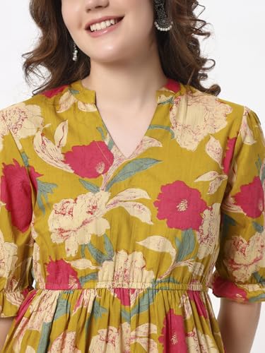 Image of PIDAVLIYA'S Women's Floral Summer Maxi Dress I Cotton Printed I One Piece Bodycon Midi Dress with V-Neck, Puffed Sleeves