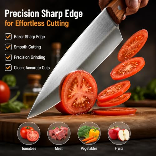Image of Machado Japanese Chef Knife, High Carbon Stainless Steel Kitchen Knife with Rosewood Ergonomic Handle, Razor Sharp Multipurpose Cooking Knife for Meat, Vegetables, Fruits & Everyday Kitchen Use