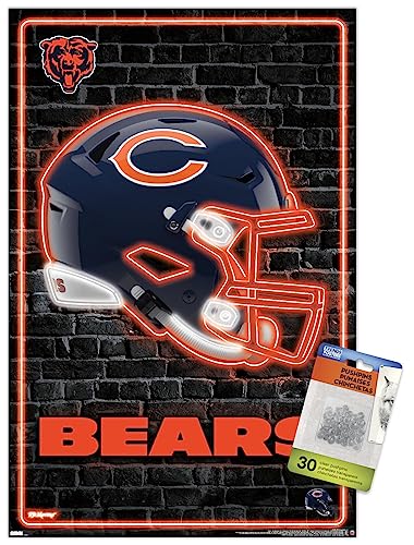 Trends International NFL Chicago Bears - Neon Helmet 23 Wall Poster, 14.72" x 22.37", Premium Poster & Push Pin Bundle