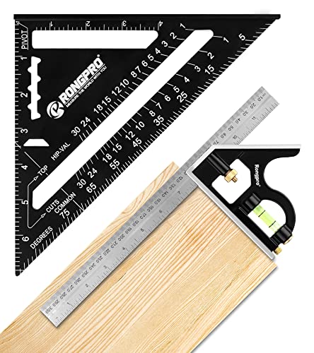 RONGPRO Rafter and Combination Square Tool Set - 7 Inch Triangle Carpenter Square, Die-Cast Aluminum Alloy and 12 Inch Zinc-Alloy Combo Ruler - Layout Tool - Image 2