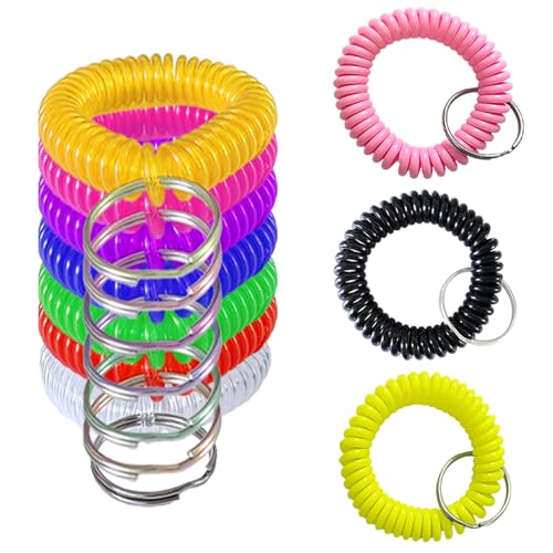 Smanzu 10 Pieces Colorful Wrist Coil Keychain Wristband Spiral Key Ring Bracelet Key Holder for Pool Gym ID Badge(Clear Multi Colors)