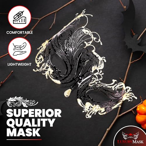 Image of Metal Filigree Masquerade Mask for Women - Swan Style Mask with Rhinestones for Mardi Gras, Prom, Halloween & Venetian Party