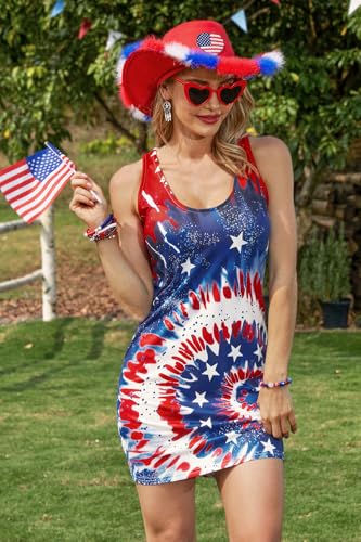 Image of For G and PL Women 4th of July American Flag Tank Dress Deep V Neck Stars Stripe Mini Patriotic Sleeveless Sundress