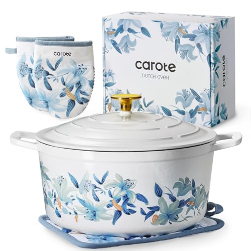 CAROTE 7QT Cast Iron Dutch Oven Pot with Lid, Enameled Floral Dutch Ovens with Cotton Potholders & Oven Gloves, Versatile Heavy-Duty Cookware for Sourdough Bread Baking, Braising, Stews, All Stovetop Compatible, Oven Safe up to 500° F, White & Blue