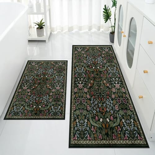 Floral Kitchen Rugs Sets of 2 Boho Botanical Anti Fatigue