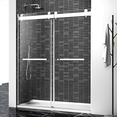Shower Door 68-72" W x 76" H Frameless Shower Door,Double Sliding Glass with Buffer 3/8" (10MM) Clear SGCC Tempered, Explosion-Proof Film,Roller Disk System,Rust-Resistant.Brushed Nickel