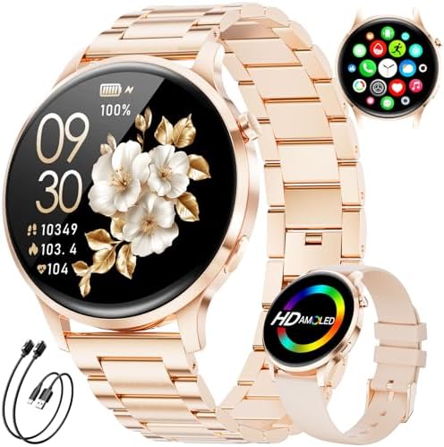 SUNKTA Smartwatch Damen mit Telefonfunktion 7,9mm Dünn 1.32" AMOLED Elegant Edelstahl Smart Watch Frauen für Android iOS,Herzfrequenz,Schlafmonitor,Menstruationszyklus,100+ Sportmo