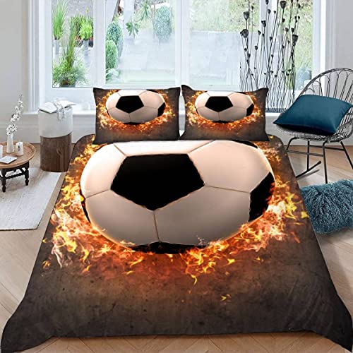 Juego de ropa de cama con diseño de fútbol 3D, tamaño doble, microfibra deportiva, cierre de cremallera, suave, hipoalergénico, 3 piezas