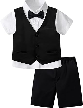 A&J DESIGN Boys Short Suit Formal Outfit 4pcs Vest, Shirt, Bow Tie 4-11Y