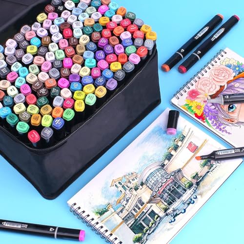 Image of EMNDR 120 Color Dual Tip Art Markers Set Chisel Sketch Marker for Adult Coloring Calligraphy and Illustration Markers Drawing Pen for Kids Colour Pens (120 Pcs)