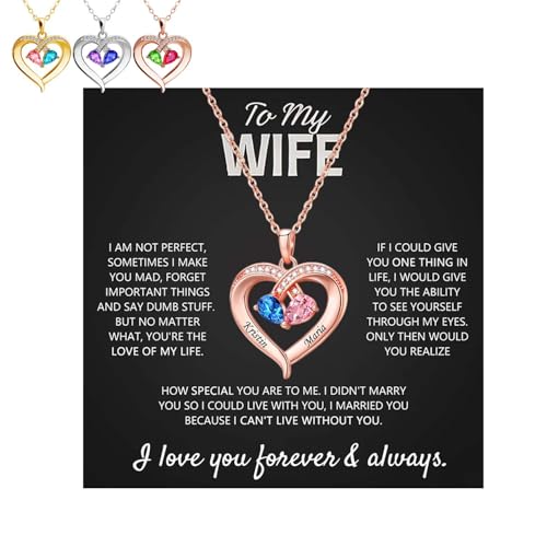 For Wife - I Love You Forever & Always Customized Double Birthstones & Names Necklace S925 Silver Familys Love Engraved Name Pendant Valentines Day Jewelry Gifts for Women (Rose gold)