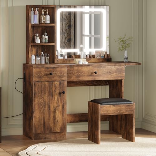 GAOMON Vanity Desk with Mirror and Lights, Makeup Vanity with 2 Drawers & 2 Shelves & One Door, 3 Lighting Modes Adjustable Brightness, Bedroom Dressing Table, Brown