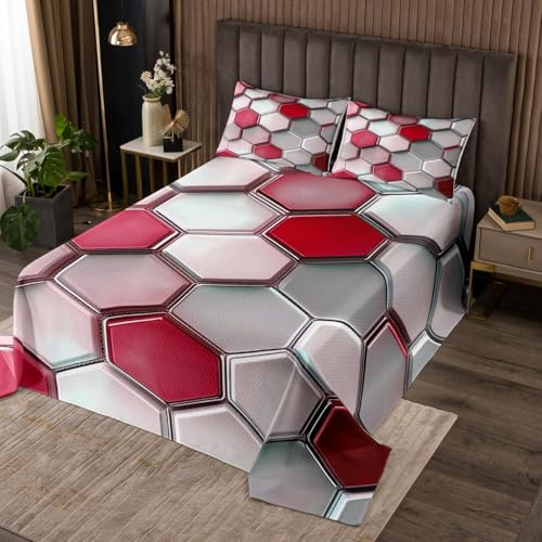 Erosebridal 3D Honeycomb Queen Quilt Set for Kids Boys Girls Bedroom, Geometry Hexagon Theme Bedspread Set Modern Fashion Geometric Coverlet Set with 2 Pillowcases, Chic Red Grey Bed Set