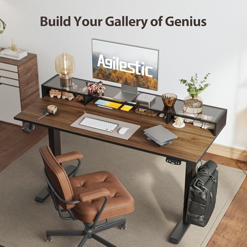 Image of Agilestic 48 x 24 Inches Electric Standing Desk with Storage, Adjustable Height Sit and Stand Computer Table with Glass Shelf, Splice Board, Dark Walnut