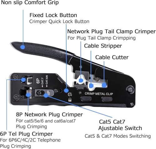 Image of SmartTech Crimping Tool Cat7 / Cat5 Crimper Pass Through RJ45 Connectors Cat5 Cat5e Cat6 Cat6A Cat 7 and RJ11 RJ12 STP /UTP Telephone connectors Stripper for Ethernet Network LAN Cable