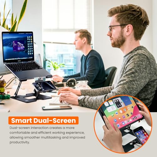 Image of Dyazo 2 in 1 Laptop & Mobile Stand | Foldable Riser with Ventilated Design | Multi Angle Adjustable Height Holder Fit Upto 15.6 Inch Laptops | Compatible for Mac, HP, Dell, Acer, Lenovo & More (Black)