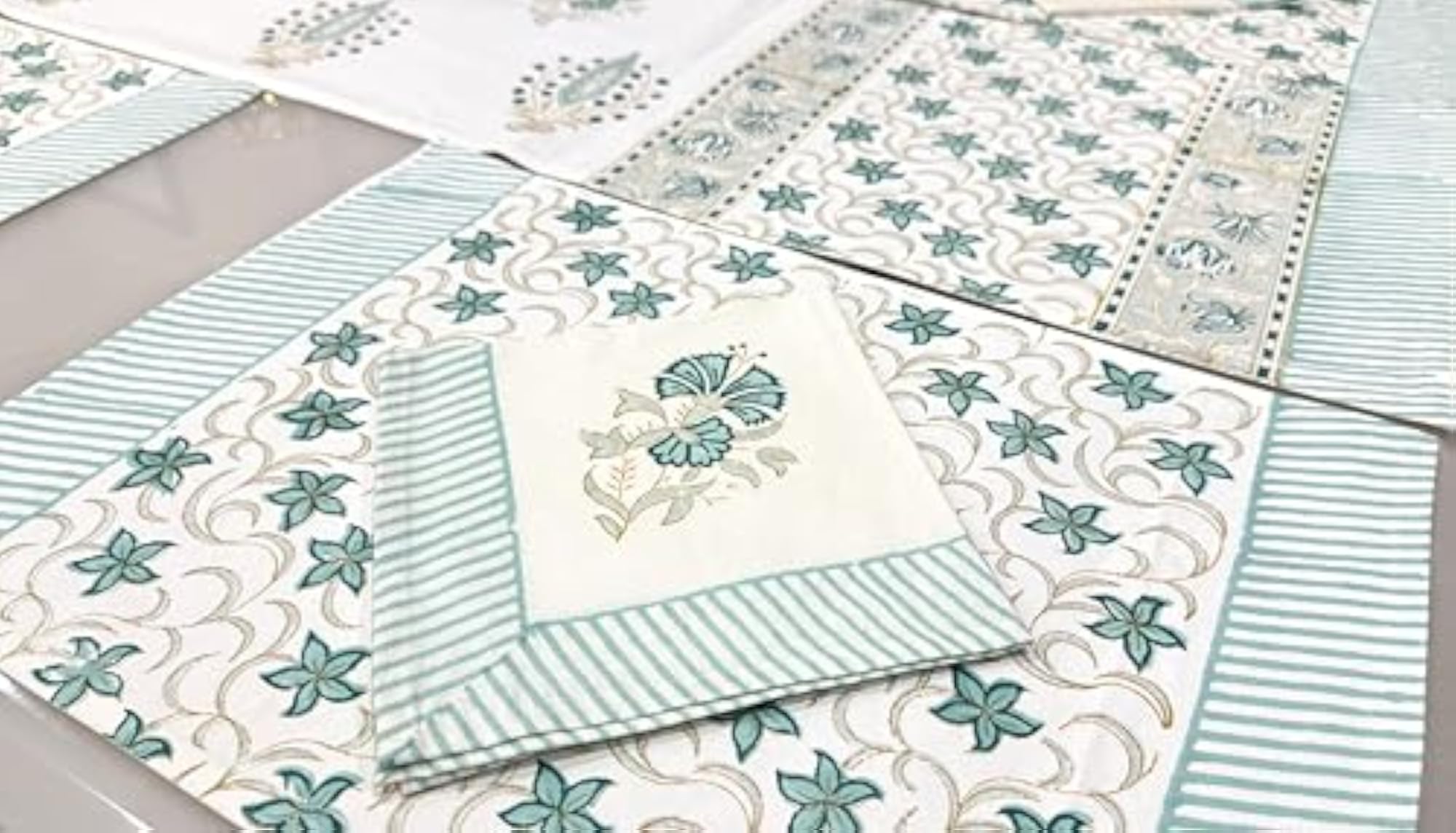Aqua Blossom Jaipuri Handblock Table Runner Set