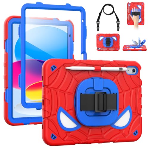 Grifobes Case for iPad A16 11th/10th Generation 2025/2022 11/10.9 inch, Full Protection with Screen Protector/Pencil Holder/Stand,Hand/Shoulder Strap for i Pad 11/10.9 Cover Red+Blue
