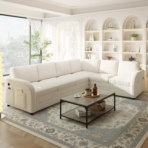 Image of KCGKCG 115.2 inch L Shaped Couch Bed, Sectional Couches for Living Room, Teddy Fabric Sleeper Sofa Bed with Pull Out Couch, Convertible Sectional Couch with Charging Station & Side Pocket, Beige