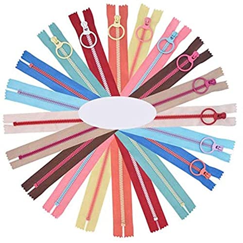 YKKJ 20pcs 25cm Resin Zippers, Multicolor Coil Zips with Metal Ring, for Sewing Crafts, Bag Clothing