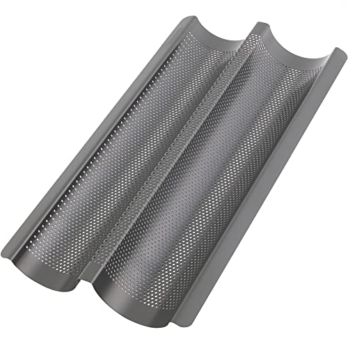 GOURMEO Anti-adhésif Moule à Baguette pour Four en Anthracite - 38,5 x 20,5 x 3,5 cm - Plaque a Pain Perforé pour Cuisson de 2 Baguettes - Facile à Utiliser et à Nettoyer - Couleur Anthracite Cover