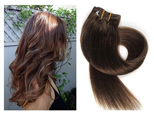 Human Hair Extensions Clip in, Remy Hair Extensions Clip on Chestnut Brown 7 Pieces 70G Double Weft Straight Real Hair Extensions Clip ins 20Inch 2 Sets Full Head for Women