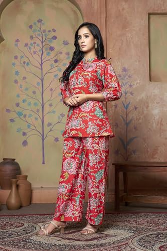 Leriya Fashion Women Ethnic Kurta Set | Rayon Co-Ord Set | Fancy Pajama Set | Pack Of 2 | Floral Printed Top & Pant Set | Full Pair Set | A-Line Kurta Set For Women (Xx-Large, Red) Lf-K-W1862&Tr913