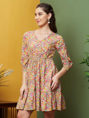 Image of Globus Women Blue Printed Causal V-Neck A-Line Ethnic Dress-3640391001