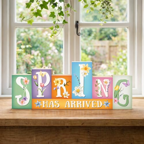 Golibra Spring Decorations, Wooden Spring Table Decorations, Freestanding Spring Tabletop Decor, Floral Table Sign for Shelf Mantel Entryway Home Office Decor