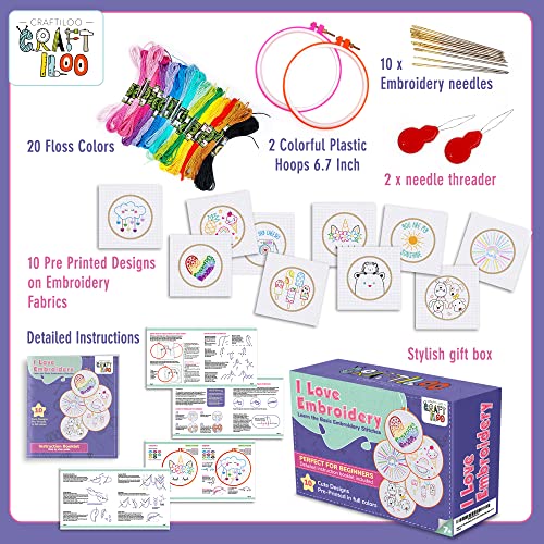 Image of Embroidery Kit for Kids Ages 7-13 - 10 Pre-Stamped Beginner Patterns