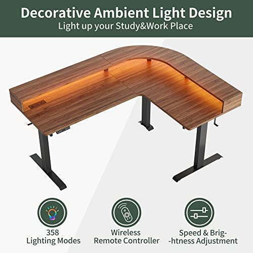 Image of FEZIBO L Shaped Standing Desk with Arc LED & Power Outlet, Exclusive Uprated 3 Motors Support 330LBS, Electric Height Adjustable L Shaped Desk with Large Monitor Stand, for Gaming Office, Black Walnut