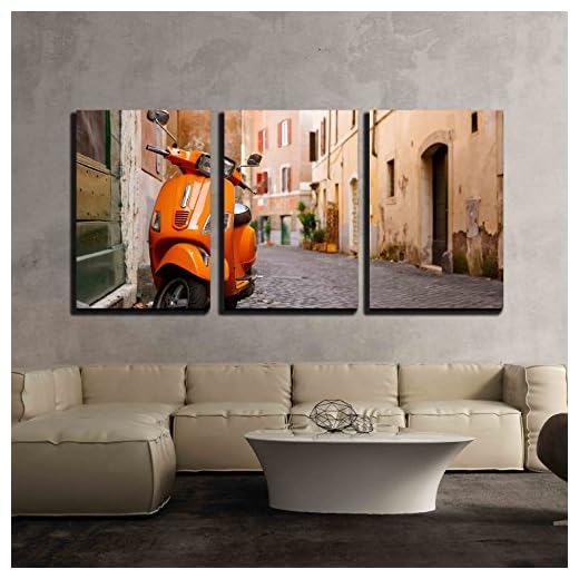 wall26 - 3 Piece Canvas Wall Art - Old City Street with Motorbike in Rome, Italy. on Sunny Autumn or Spring Day. - Modern Home Decor Stretched and Framed Ready to Hang - 24"x36"x3 Panels