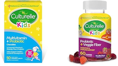 Culturelle Multivitamínico completo + probióticos masticables para niños, 50 unidades y probióticos diarios para niños + gomitas de fibra vegetal,