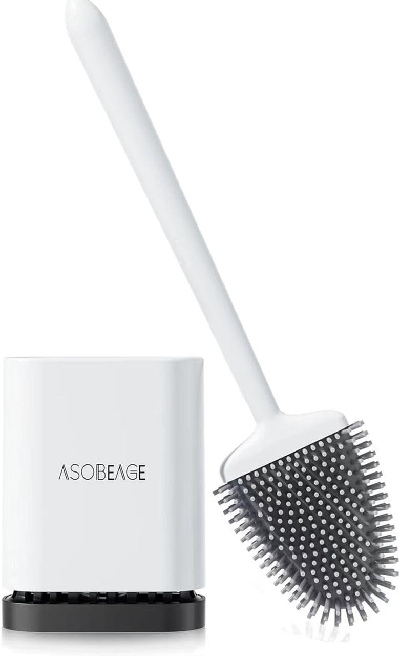 ASOBEAGE Silicone Toilet Brush: Flexible Head, Long Handle, Wall-mounted, Quick-drying Holder for Bathroom Clean (White)