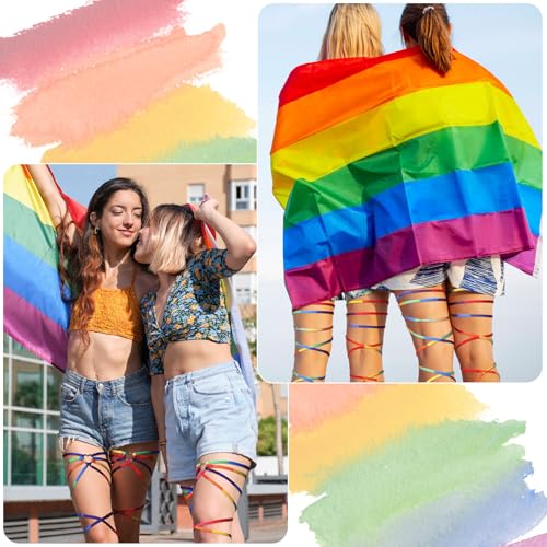 Image of Xuhal 2 Pcs Rainbow Leg Wraps with Heart Ring Pride Outfits for Women Ring Garters Thing Wraps Gay Flag Pride Parade LGBTQ Rave Outfits Rave Leg Accessories