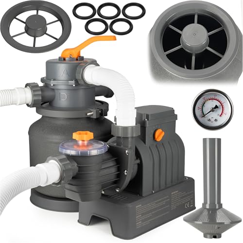COIL Bomba de filtro de piscina, bomba de arena, filtro de arena para piscinas, bomba de filtro, depósito de arena: 12 kg, válvula de 6 vías con manómetro, incorporada, 250 W, 8705 l/h