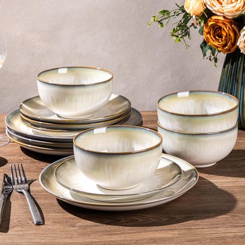 Image of LERATIO Ceramic Dinnerware Sets for 4,Reactive Glaze Plates and Bowls Set with Mugs, Dishwasher,Microwave & Oven Safe Dishes set-Sage Ivory