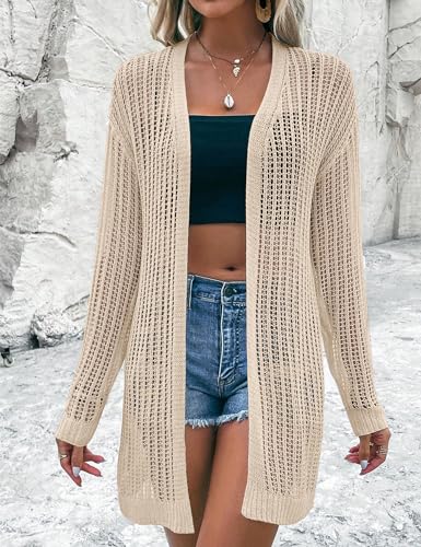 Image of Womens 2025 Summer Lightweight Cardigan Long Sleeve Open Front Loose Beach Crochet Cover Up