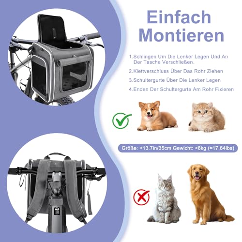 Hundekorb Fahrrad Vorne, 4-in-1 Hundekorb für Fahrrad, Erweiterbarer Hunderrucksack, Hunde-Fahrradkorb mit 4 Mesh-Fenster, 4-Offenen Türen, Haustier-Reisetasche für Katzen und Hunde