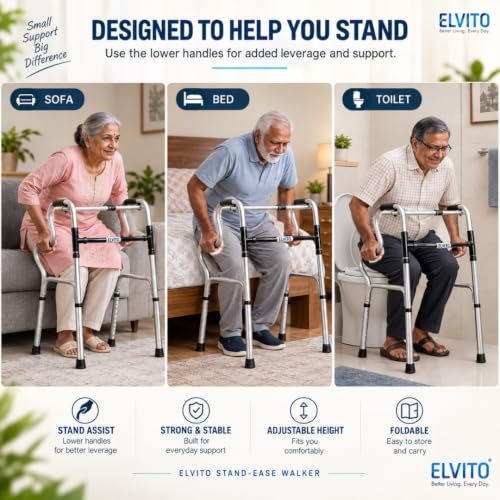 Image of ELVITO Ultimate Dual Action Stand-Ease Walker for Adults & Elderly | Stand Assist + Walking Walker | Dual Mode - Reciprocal & Fixed | 8-Level Height Adjustable | Foldable Patient Walker | 1 Year Warranty| (Stand-ease walker)