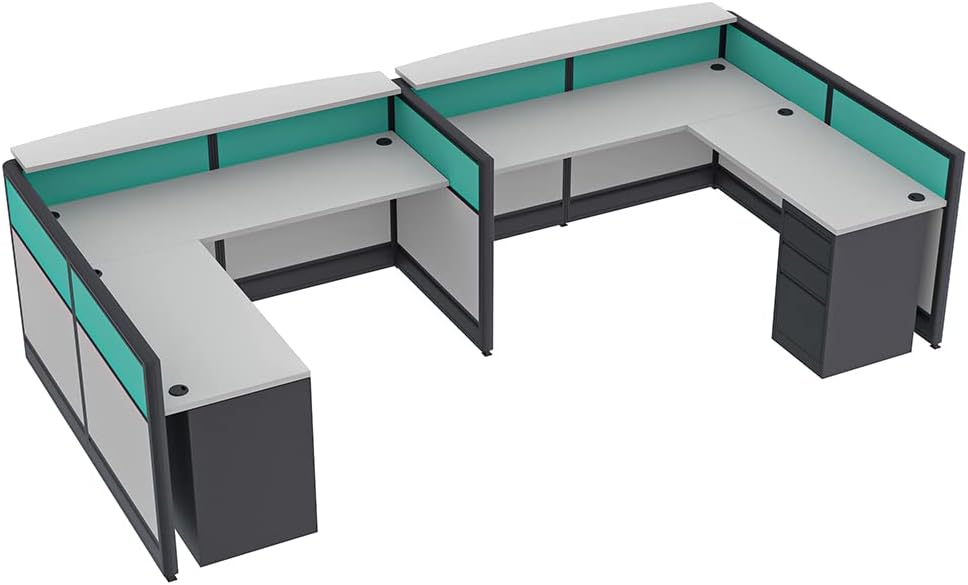 U-Shaped Reception Desk | 2 Workstations with Storage | Transaction Counter | Emerald Cubicle Collection | 6x12x39"H | Light Gray : Office Products