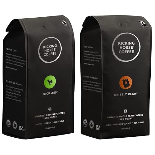 Kicking Horse Coffee, Kick Ass, Dark Roast, Ground, 284 g - Certified Organic, Fairtrade, Kosher Coffee &, Grizzly Claw, Dark Roast, Whole Bean, 1 lb - Certified Organic, Fairtrade, Kosher Coffee - Coffee + Coffee, Grizzly Claw - Dark Roast - Kick Ass - 284 g (Pack of 1)