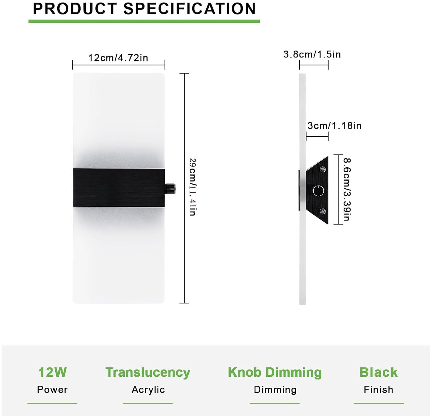 2 Stück Wandlampe mit Schalter Dimmbar Wandleuchte Innen Acryl | 12W 3000K LED Wandleuchte Für Treppenhaus Flurlampe Wand Wandlampe Schlafzimmer, 29CM, Warmweiß, Schwarz
