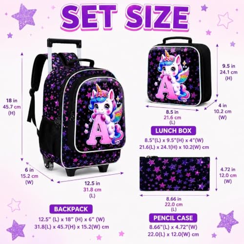 Image of CCJPX 18 inch Unicorn Rolling Backpack for Girls, 3Pcs Kids Wheeled Bookbag with Lunch Box, Lightweight Roller School Bag for Elementary Preschool (Black)