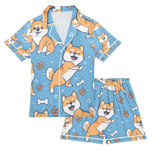 senya Cute Paws and Bones Satin Summer Pajama Sets Silk Short Sleeve Button Down Sleepwear