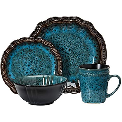 Elama Round Stoneware Dinnerware Set, Ocean Blue Cover