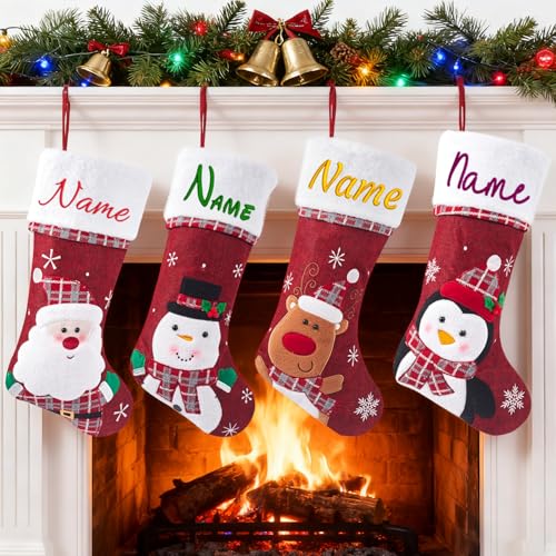 Meias de Natal Personalizadas com Bordado de Nome – Grande Meia de Natal 48 cm, Decoração Festiva e Presente Familiar – 1 Unidade, Enfeites de Natal para Chaminé, Ideais para Casa ou Festas.