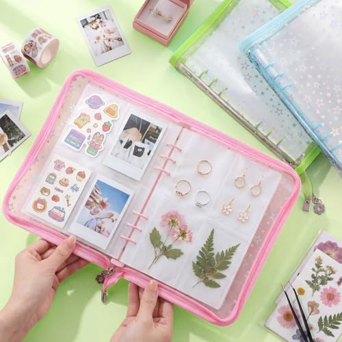 Image of Feifeiya 3 Pack 3 in 1 Sticker Storage Organizer Binder A5 Reusable Sticker Collecting Book Album Holder with Zipper Cards Keeper with 140 Pockets (Pink Blue Green)